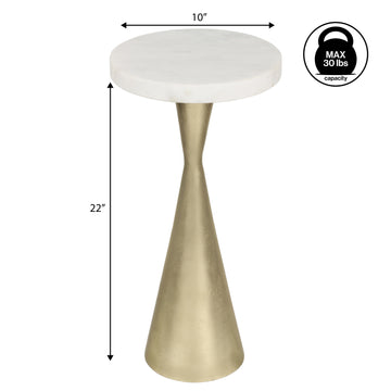 Ziggy 22" Contemporary Designer Metal Drink Table and Decorative End Table with White Marble Round Top and Cone Pedestal Base